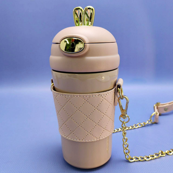 Термокружка "Зайка с ушками" 400 мл. / Термостакан из нержавеющей стали с чехлом, ремешком и трубочкой, Розовый